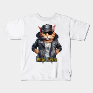 Mother Flerken cat wearing a black leather jacket with a cap Kids T-Shirt